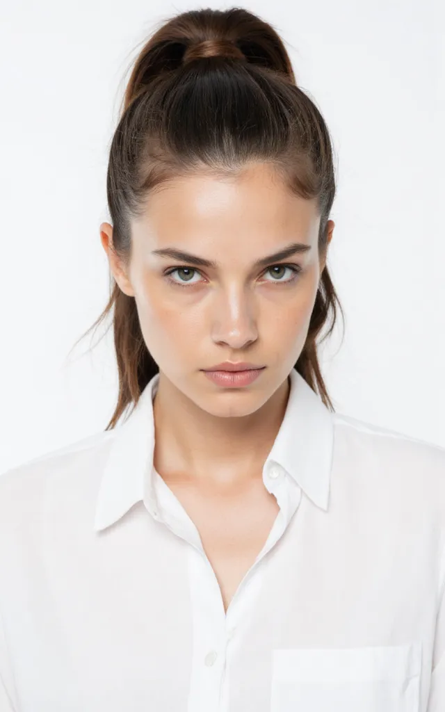 A French female model with a High ponytail, wearing a shirt, against a white background, in a front   facing bust portrait